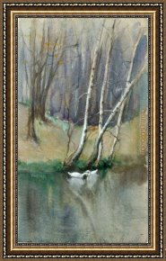 Mallard Duck Framed Paintings - Wood Scene with Birch Trees and Ducks by Edward Mitchell Bannister