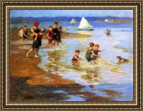 Spirits at Play II Framed Paintings - Children at Play on the Beach by Edward Potthast