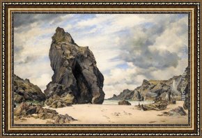 Serenity Cove Framed Paintings - Steeple Rock, Kynance Cove, Lizard, Cornwall, Low Water by Edward William Cooke