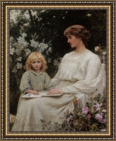 Her Favorite Book Framed Paintings - Portrait of a mother and daughter reading a book by Edwin Harris