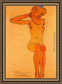 Study of a Nude Woman Framed Paintings - Nude woman hair-dressing by Egon Schiele