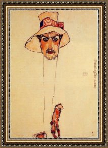 Man with Scythe Framed Paintings - Portrait of a Man with a Floppy Hat by Egon Schiele