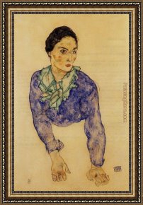 Portrait of a Woman Framed Paintings - Portrait of a Woman with Blue and Green Scarf by Egon Schiele
