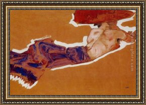 Nude Framed Paintings - Reclining Semi Nude with Red Hat Gertrude Schiele by Egon Schiele