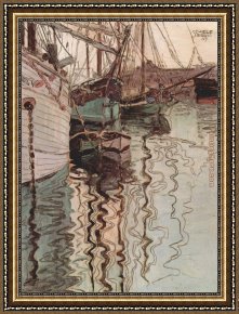 Sydney Harbour Framed Paintings - Sailing ships in the waves exciting water the harbour of Trieste by Egon Schiele