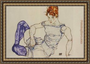 The Bunch of Violets Framed Paintings - Seated Woman in Violet Stockings by Egon Schiele