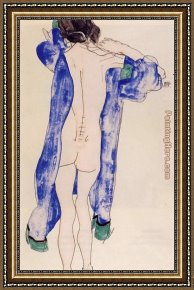 The Blue Window Framed Paintings - Standing Female Nude in a Blue Robe by Egon Schiele