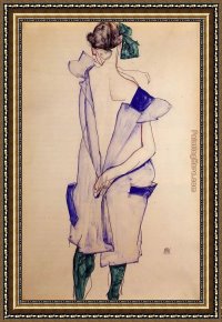 Standing Guard Framed Paintings - Standing Girl in a Blue Dress and Green Stockings Back View by Egon Schiele