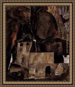 Gone to Ground Framed Paintings - Wall and house before h'gligem ground with fence by Egon Schiele