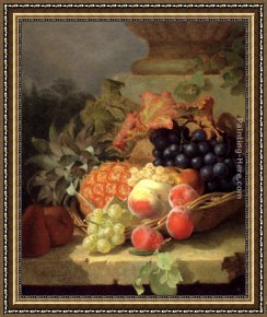Stone Framed Paintings - Peaches, Grapes And A Pineapple In A Basket, On A Stone Ledge by Eloise Harriet Stannard