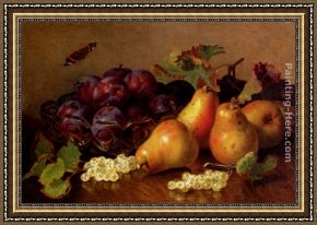 Floral Still Life in a Blue And White Porcelain Vase Framed Paintings - Still Life With Pears, Plums In A Glass BowlAnd White Currants On A Table by Eloise Harriet Stannard