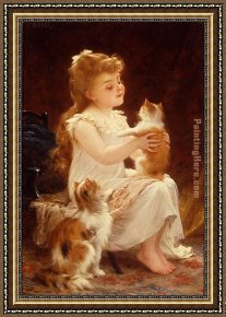 Playing Framed Paintings - Playing with the Kitten by Emile Munier
