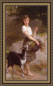 Young Girl Reading Framed Paintings - Young Girl with Goat & Flowers by Emile Munier
