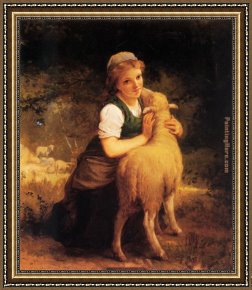 Young Girl Reading Framed Paintings - Young Girl with Lamb by Emile Munier