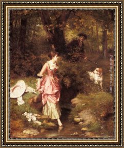 Napoleon Crossing The Alps Framed Paintings - A Young Beauty Crossing a Brook with a Hunter Beyond by Emile Pierre Metzmacher