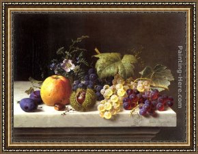 Emilie, Die Schwester Menzels Framed Paintings - Grapes Plums Etc. On A Marble Ledge by Emilie Preyer