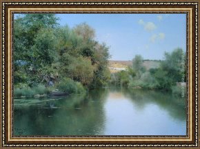 Man with Scythe Framed Paintings - Landscape with Boat and Men by Emilio Sanchez-Perrier