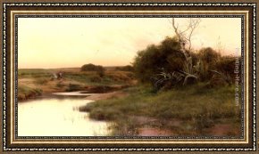 Cattle Watering at Dusk Framed Paintings - On The River's Edge At Dusk by Emilio Sanchez-Perrier