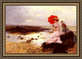 Eze-sur-mer Framed Paintings - Au Bord De La Plage Sur Un Rocher by Ernest Ange Duez