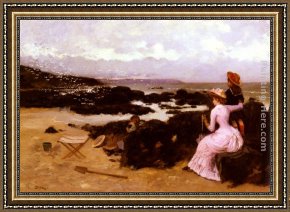 Eze-sur-mer Framed Paintings - Femme Et Enfants Sur La Plage by Ernest Ange Duez