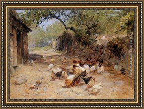 Whiteback Chicken Framed Paintings - Chickens in a Farmyard by Ernst Walbourn