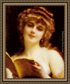 Her Favorite Book Framed Paintings - A Blonde Beauty Holding a Book by Etienne Adolphe Piot