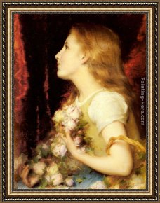 Waterhouse Gather Flower Girls Framed Paintings - A Young Girl with a Basket of Flowers by Etienne Adolphe Piot