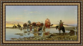 Arabs Crossing The Desert Framed Paintings - Arab Caravan Crossing a Ford by Eugene-Alexis Girardet