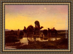 The Camel's Hump Framed Paintings - Camel Train By An Oasis At Dawn by Eugene-Alexis Girardet