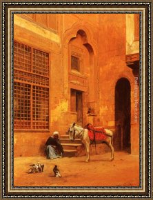 A Mediterranean Courtyard Framed Paintings - In The Courtyard by Eugene-Alexis Girardet