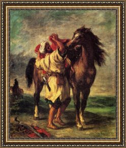 Eugene Delacroix Framed Paintings - A Moroccan Saddling A Horse by Eugene Delacroix