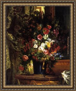 Eugene Delacroix Framed Paintings - A Vase of Flowers on a Console by Eugene Delacroix