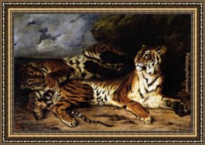 The Young Critics Framed Paintings - A Young Tiger Playing with its Mother by Eugene Delacroix