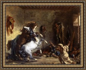 Arabs Crossing The Desert Framed Paintings - Arab Horses Fighting in a Stable by Eugene Delacroix