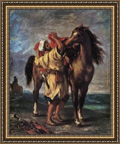 Eugene Delacroix Framed Paintings - Marocan and his Horse by Eugene Delacroix