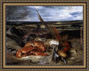 Eugene Delacroix Framed Paintings - Still-Life with Lobster by Eugene Delacroix
