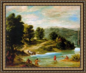 Bank Framed Paintings - The Banks of the River Sebou by Eugene Delacroix