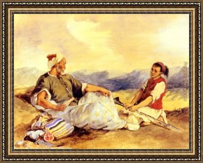Eugene Delacroix Framed Paintings - Two Moroccans Seated In The Countryside by Eugene Delacroix