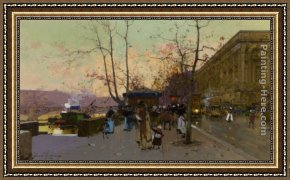 Autumn Scene Framed Paintings - Autumn Street Scene by Eugene Galien-Laloue