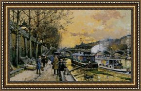 Eze-sur-mer Framed Paintings - Les Bateau Mouches sur la Seine - Paris by Eugene Galien-Laloue