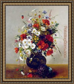 Poppies Framed Paintings - Daisies, Poppies and Cornflowers by Eugene Henri Cauchois