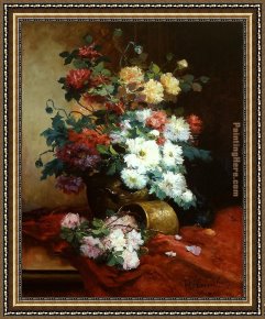 Park of Rose Framed Paintings - Roses and Dahlias by Eugene Henri Cauchois