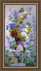 Summer Framed Paintings - Summer Flowers with Hollyhocks by Eugene Henri Cauchois