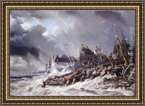Saints Framed Paintings - Hurricane before Saint Malo by Eugene Isabey
