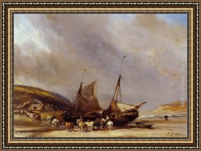Riders Framed Paintings - Riders on the Beach with Ship by Eugene Isabey