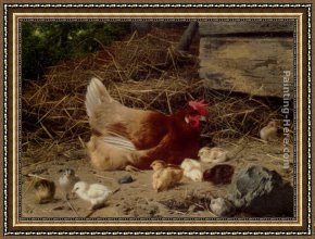 Whiteback Chicken Framed Paintings - A Hen And Chickens by Eugene Remy Maes