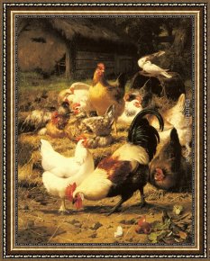 Ponies, a Calf And Poultry in a Farmyard Framed Paintings - Poultry in a Farmyard by Eugene Remy Maes