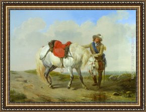 Watering Framed Paintings - A Cavalier Watering his Mount by Eugene Verboeckhoven