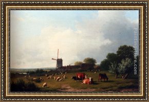 Cattle in a Pasture Framed Paintings - A Panoramic Summer Landscape With Cattle Grazing In A Meadow By A Windmill by Eugene Verboeckhoven