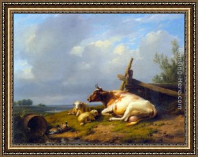 Cattle in a Pasture Framed Paintings - Cattle on the Waterfront by Eugene Verboeckhoven